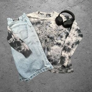 Ring of Fire Mens XL Thermal Long Sleeve Gothic Cross Tie Dye Grey Black Y2K